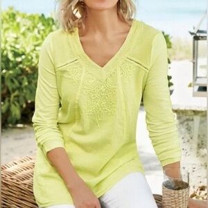 Soft Surroundings Azulle Embroidered Cotton Top Blouse Tunic Long Sleeve Cut Out